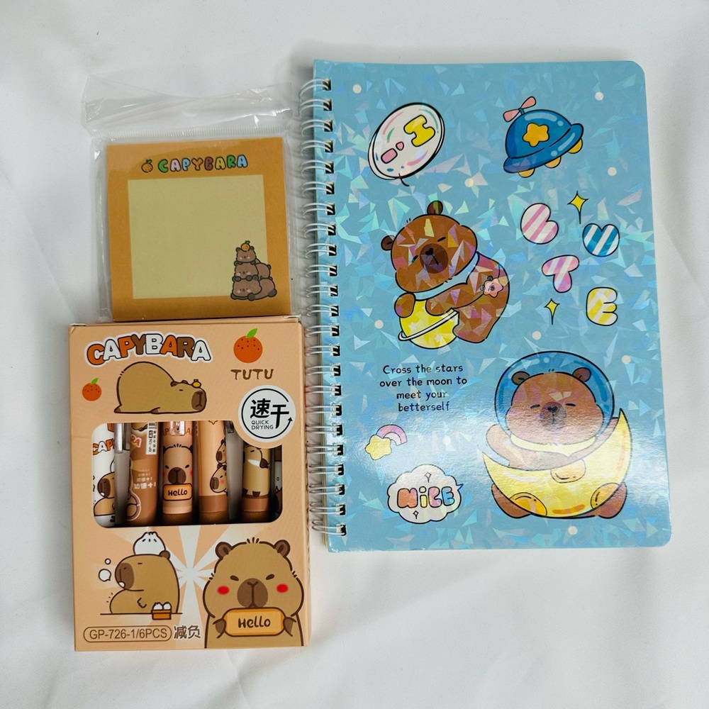 Capybara Bear Stationery Set with Notebook and Pens & Post it Notes